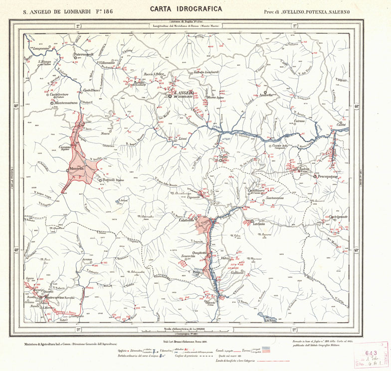 (N:1089) CARTA IDROGRAFICA DEL REGNO D'ITALIA - Foglio 186 - S. Angelo de Lombardi (B0013444) Carte e stampe antiche: riproduzione a colori su carta (formato A1)