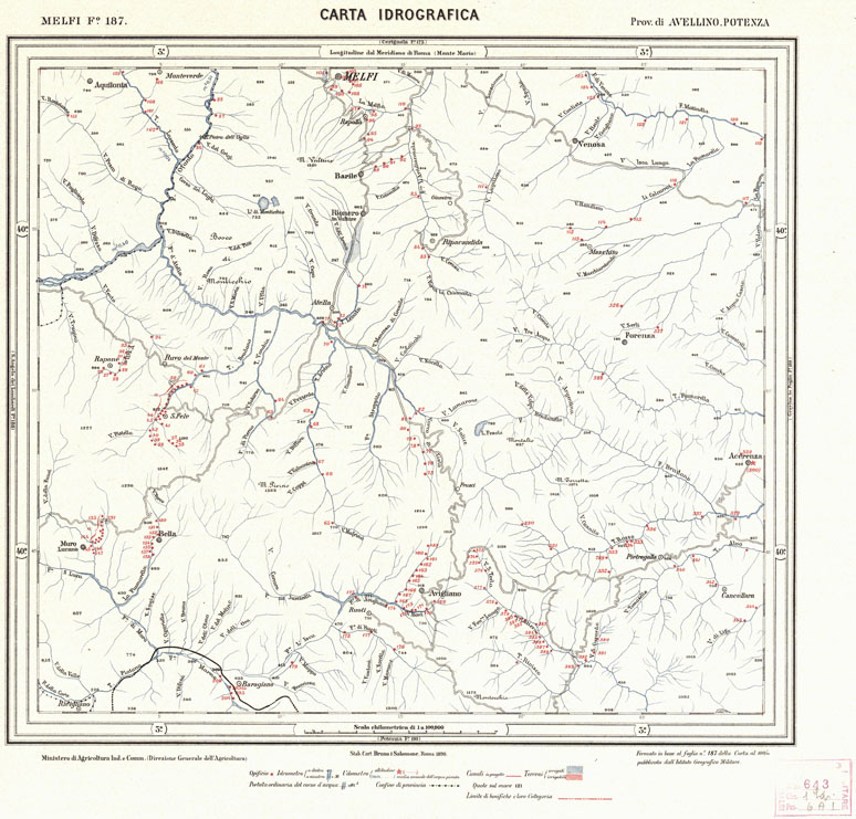 (N:1088) CARTA IDROGRAFICA DEL REGNO D'ITALIA - Foglio 187 - Melfi (B0013445) Carte e stampe antiche: riproduzione a colori su carta (formato A1)