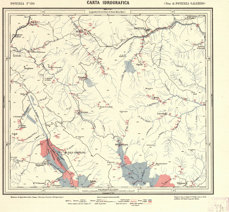 (N:949) CARTA IDROGRAFICA DEL REGNO D'ITALIA - Foglio 199 - Potenza (B0013453) Carte e stampe antiche: riproduzione a colori su carta (formato A1)