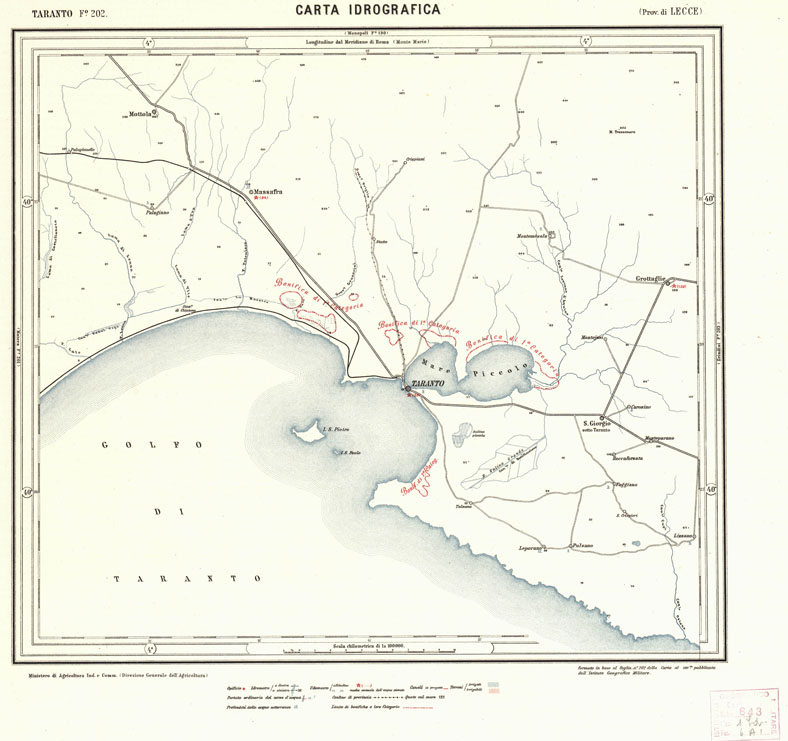 (N:946) CARTA IDROGRAFICA DEL REGNO D'ITALIA - Foglio 202 - Taranto (B0013456) Carte e stampe antiche: riproduzione a colori su carta (formato A1)