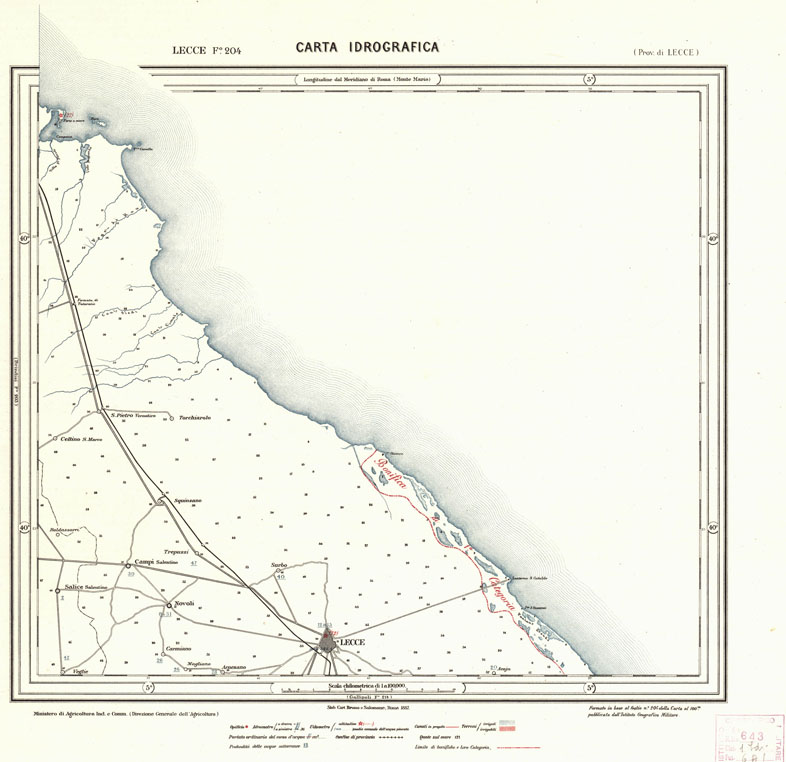 (N:944) CARTA IDROGRAFICA DEL REGNO D'ITALIA - Foglio 204 - Lecce (B0013458) Carte e stampe antiche: riproduzione a colori su carta (formato A1)
