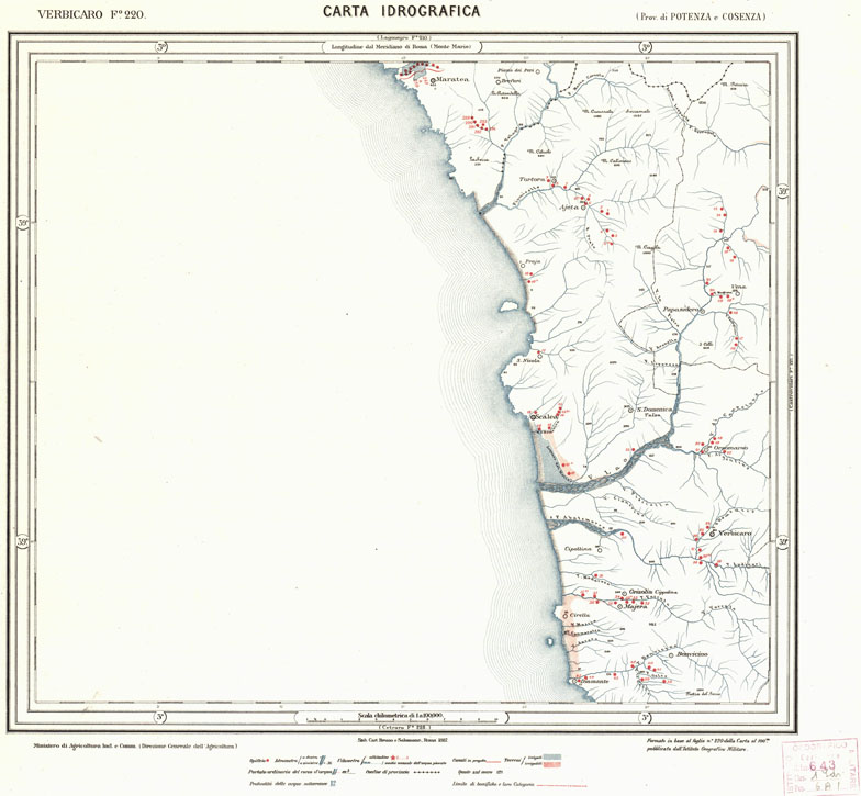 (N:936) CARTA IDROGRAFICA DEL REGNO D'ITALIA - Foglio 220 - Verbicaro (B0013466) Carte e stampe antiche: riproduzione a colori su carta (formato A1)