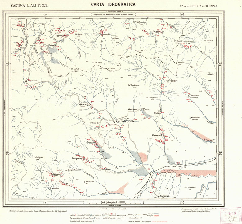 (N:935) CARTA IDROGRAFICA DEL REGNO D'ITALIA - Foglio 221 - Castrovillari (B0013467) Carte e stampe antiche: riproduzione a colori su carta (formato A1)