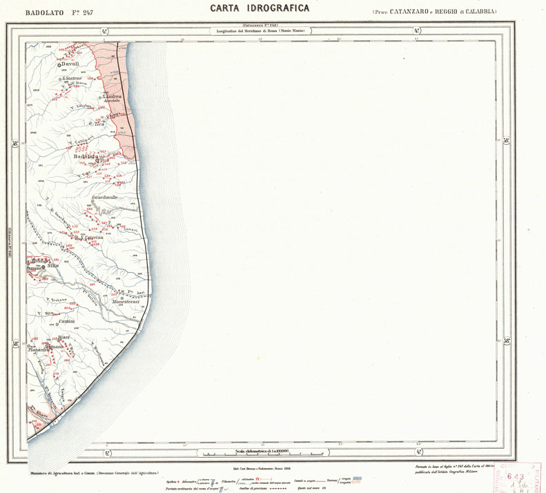 (N:829) CARTA IDROGRAFICA DEL REGNO D'ITALIA - Foglio 247 - Badolato (B0013482) Carte e stampe antiche: riproduzione a colori su carta (formato A1)