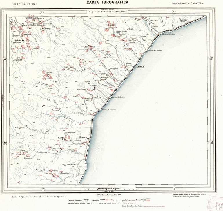(N:729) CARTA IDROGRAFICA DEL REGNO D'ITALIA - Foglio 255 - Gerace (B0013490) Carte e stampe antiche: riproduzione a colori su carta (formato A1)