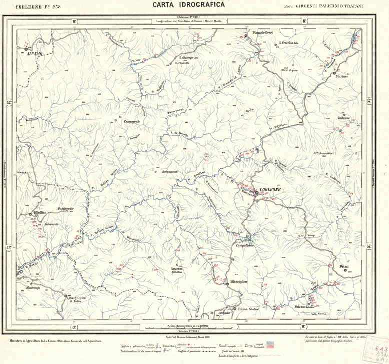 (N:726) CARTA IDROGRAFICA DEL REGNO D'ITALIA - Foglio 258 - Corleone (B0013493) Carte e stampe antiche: riproduzione a colori su carta (formato A1)