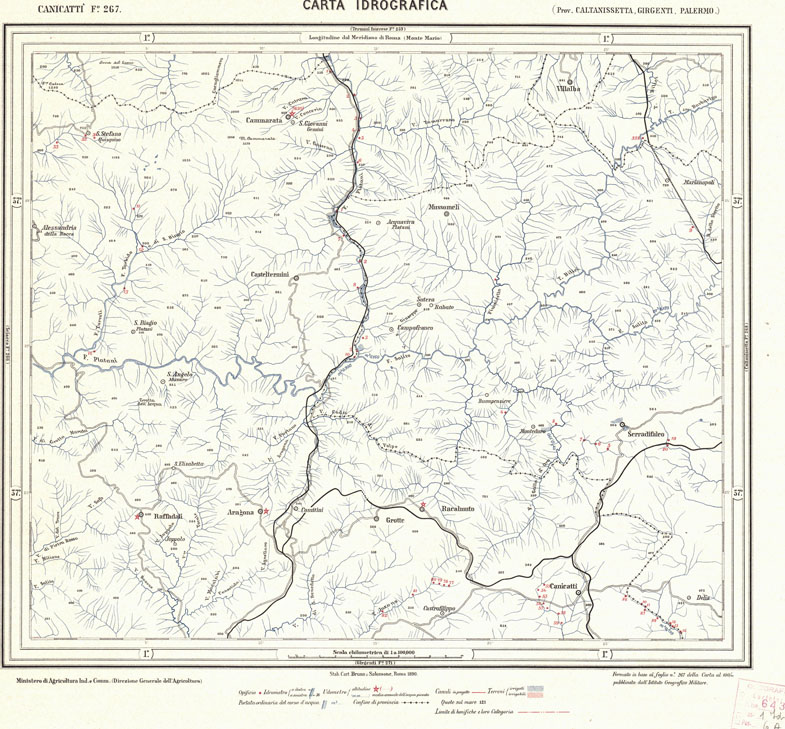 (N:717) CARTA IDROGRAFICA DEL REGNO D'ITALIA - Foglio 267 - Canicatt (B0013502) Carte e stampe antiche: riproduzione a colori su carta (formato A1)