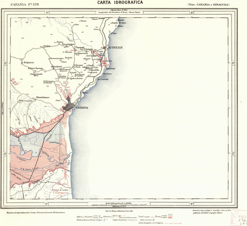 (N:714) CARTA IDROGRAFICA DEL REGNO D'ITALIA - Foglio 270 - Catania (B0013505) Carte e stampe antiche: riproduzione a colori su carta (formato A1)