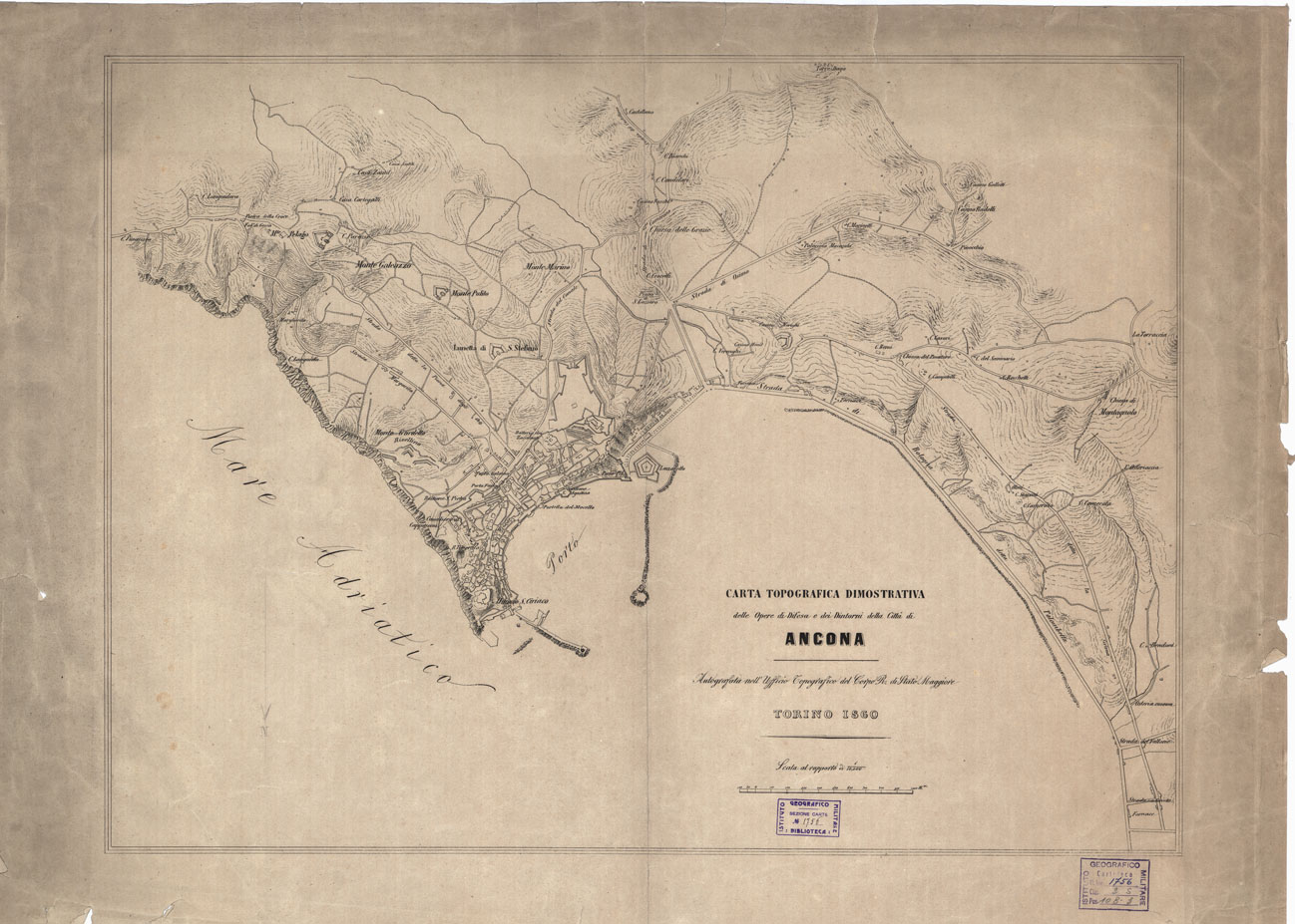 (N:10890) CARTA TOPOGRAFICA DIMOSTRATIVA DELLE OPERE DI DIFESA E DEI DINTORNI DELLA CITTA' DI ANCONA (B0013665) Carte e stampe antiche: riproduzione a colori su carta (formato A1)
