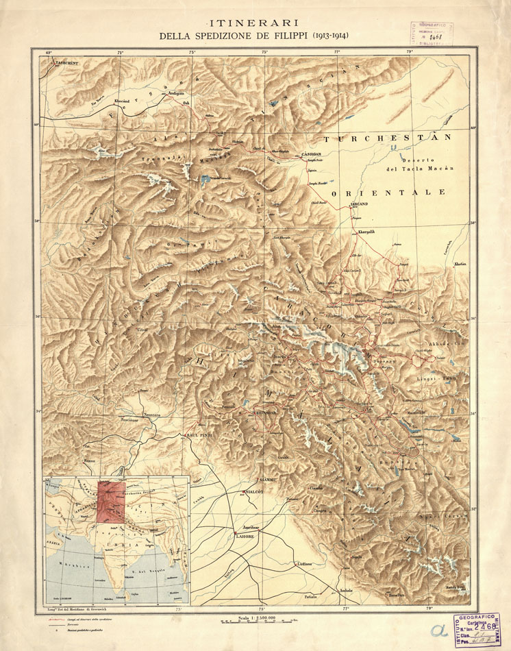 (N:35988) ITINERARI DELLA SPEDIZIONE DE FILIPPI (B0013721) Carte e stampe antiche: riproduzione a colori su carta (formato A1)