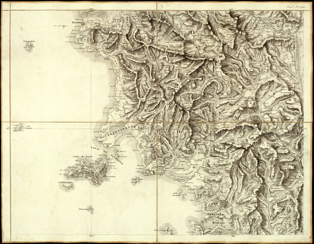 (N:973) CARTE GENERALE DU THEATRE DE LA GUERRE EN ITALIE ET DANS LES ALPES...(Carta Generale del teatro della guerra in Italia...) - Foglio 23 - Isola d'Elba, Livorno, Grosseto, Siena (B0013841) Carte e stampe antiche: riproduzione a colori su carta (formato A1)