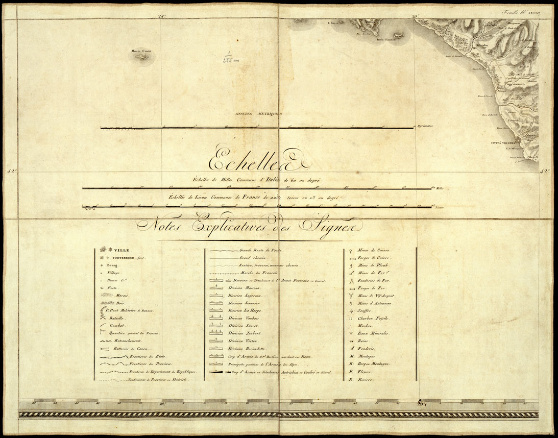 (N:967) CARTE GENERALE DU THEATRE DE LA GUERRE EN ITALIE ET DANS LES ALPES...(Carta Generale del teatro della guerra in Italia...) - Foglio 28 - Segni Convenzionali - Civitavecchia, Isola di Montecristo (B0013846) Carte e stampe antiche: riproduzione a colori su carta (formato A1)