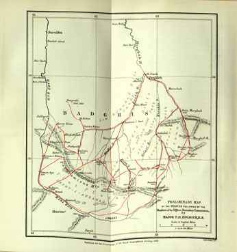 (N:16695) PRELIMINARI MAP OF THE ROUTES FOLLOWED BY THE MEMBERS OF THE AFGHAN BOUNDARY COMMISSION. (B0013853) Carte e stampe antiche: riproduzione a colori su carta (formato A1)