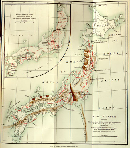 (N:16698) MAP OF JAPAN SHOWING THE ROUTES OF DR. EDMUND NAUMANN'S JOURNEY. (B0013856) Carte e stampe antiche: riproduzione a colori su carta (formato A1)