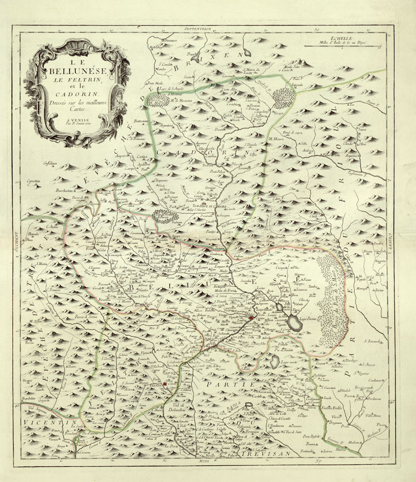 (N:1007) CARTE DI GEOGRAFIA-ATLANTE DEL SANTINI - Foglio 10-LE BELLUNESE LE FELTRIN ET LE CADORIN DRESSES SUR LES MEILLEURS CARTES. A VENISE, 1777. P. SANTINI. (B0014038) Carte e stampe antiche: riproduzione a colori su carta (formato A1)
