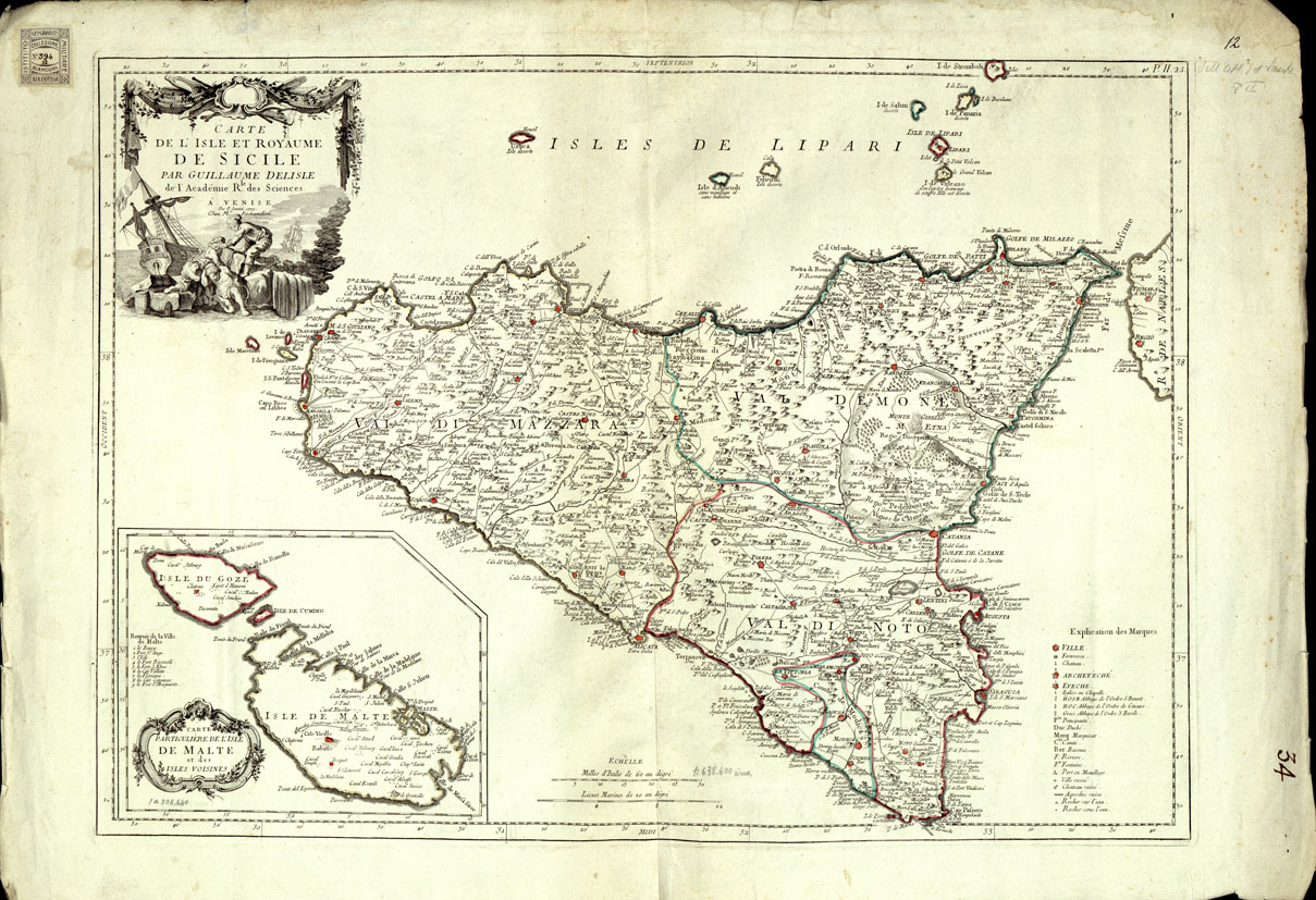 (N:1005) CARTE DI GEOGRAFIA-ATLANTE DEL SANTINI - Foglio 12-CARTE DE L'ISLE ET ROYAUME DE SICILE PAR GUILLAUME DELISLE DE L'ACADEMIE R.LE DE SCIENCES. A VENISE PAR P. SANTINI, 1779. CHEZ M. REMONDINI. P. H.,25. (B0014040) Carte e stampe antiche: riproduzione a colori su carta (formato A1)