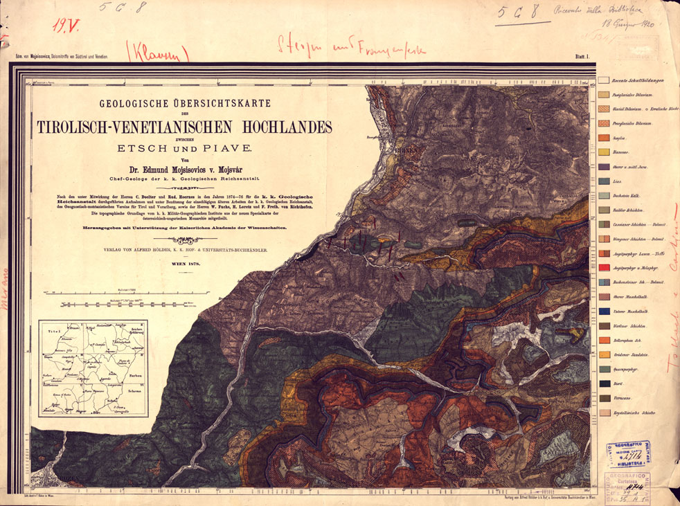 (N:16856) GEOLOGISCHE UDERSICHTSKARTE DES TIROLISCH - VENETIARISCHEN HODLANDES ZWISCHEN ETSCH UND PIAVE VON DR. EDMUND MOJSISOVIC V. MOJSUAR - Foglio 1 (B0014105) Carte e stampe antiche: riproduzione a colori su carta (formato A1)