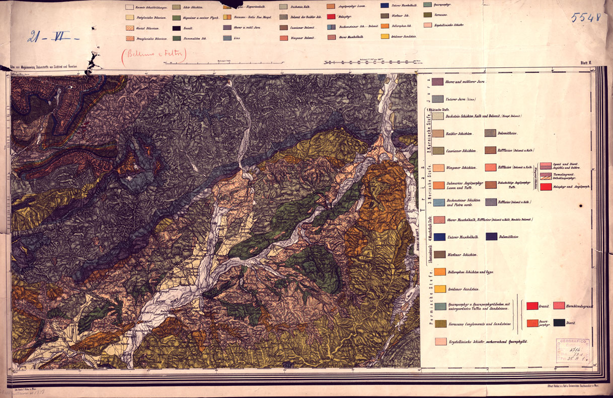 (N:16861) GEOLOGISCHE UDERSICHTSKARTE DES TIROLISCH - VENETIARISCHEN HODLANDES ZWISCHEN ETSCH UND PIAVE VON DR. EDMUND MOJSISOVIC V. MOJSUAR - Foglio 3 (B0014107) Carte e stampe antiche: riproduzione a colori su carta (formato A1)