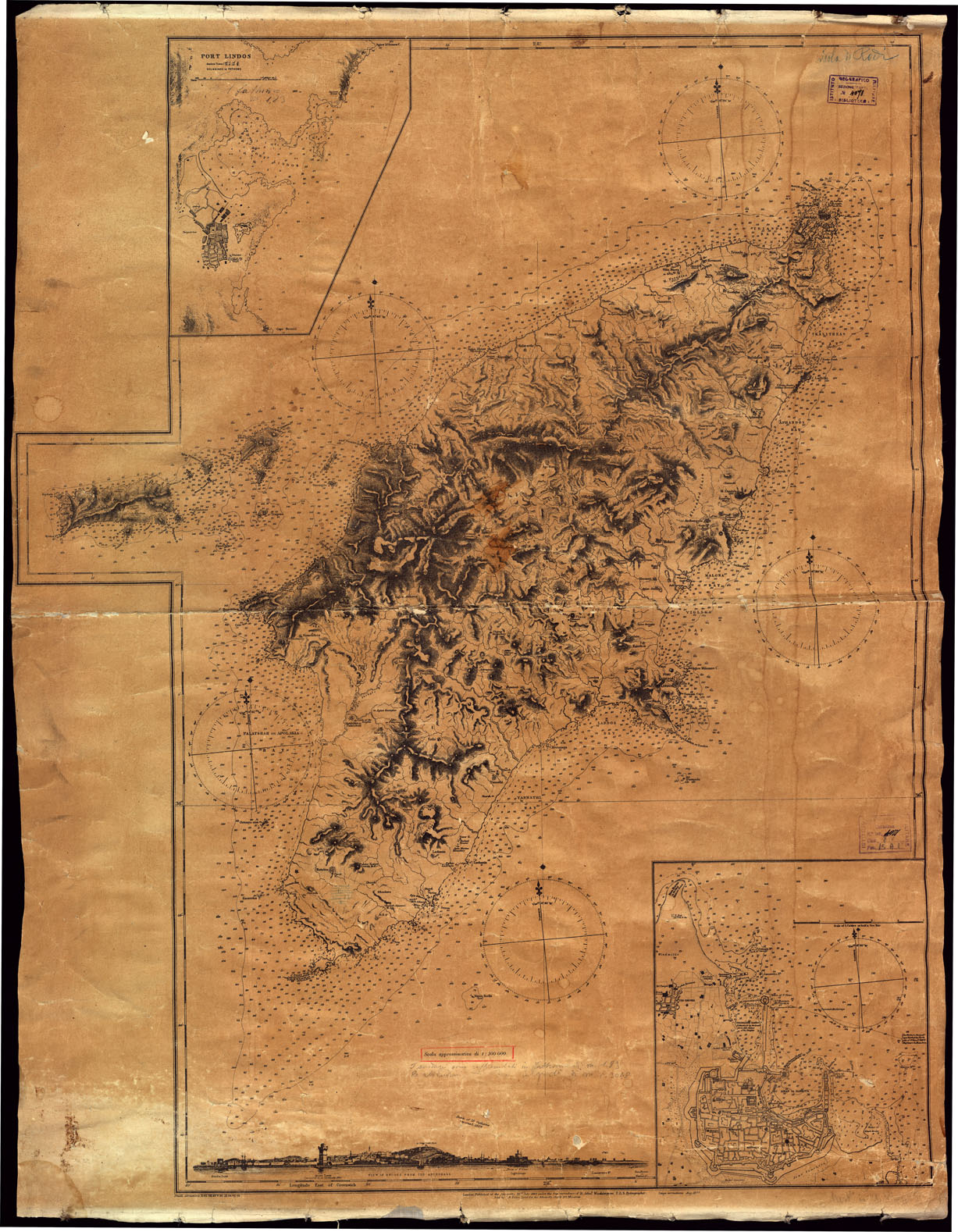 (N:15698) ISOLE ITALIANE DELL'EGEO - RHODES ISLAND, RHODES HARBOURS, PORT LINDOS - Isola di Rodi (B0014125) Carte e stampe antiche: riproduzione a colori su carta (formato A1)