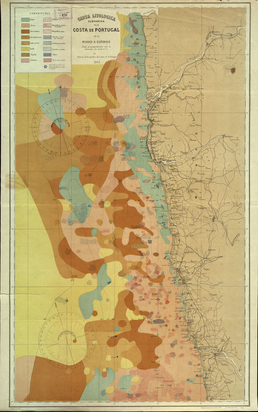 (N:16918) CARTA LITOLOGICA SUBMARINA DA COSTA DE PORTUGAL DO MINHO A ESPINHO. (B0014159) Carte e stampe antiche: riproduzione a colori su carta (formato A1)