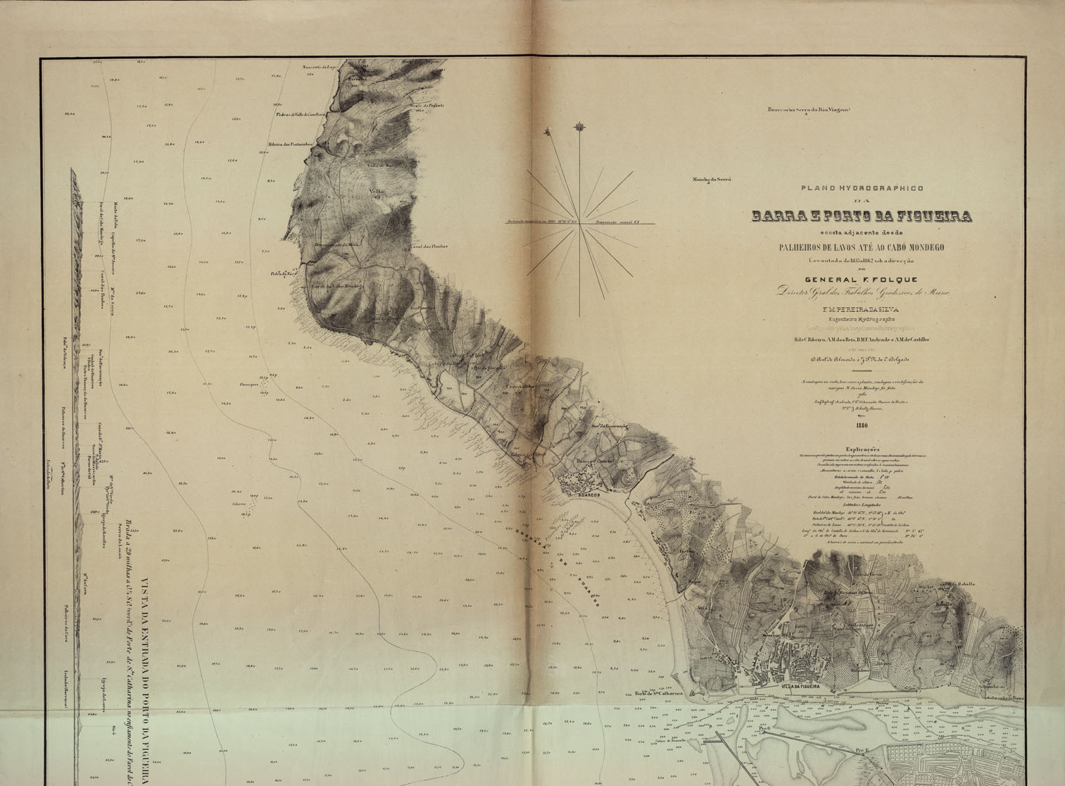 (N:16940) PLANO HYDROGRAPHICO DA BARRA E PORTO DA FIGUEIRA E COSTA ADJACENTE DESDE PALHEIROS DE LAVOS ATE' AO CABO MONDEGO
 (B0014189, B0014190) Carte e stampe antiche: riproduzione a colori su carta (formato A1)