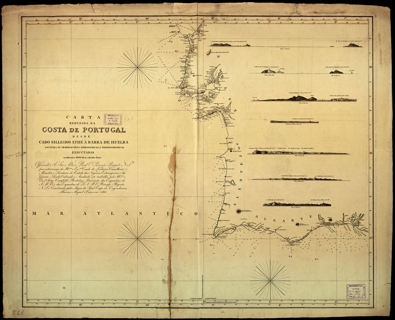 (N:17587) CARTA REDUZIDA DA COSTA DE PORTUGAL DESDE CABO SILLEIRO ATHE' A' BARRA DE HUELBA. (B0014422) Carte e stampe antiche: riproduzione a colori su carta (formato A1)