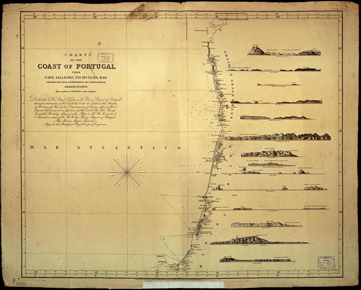 (N:17588) CARTA REDUZIDA DA COSTA DE PORTUGAL DESDE CABO SILLEIRO ATHE' A' BARRA DE HUELBA. (B0014423) Carte e stampe antiche: riproduzione a colori su carta (formato A1)