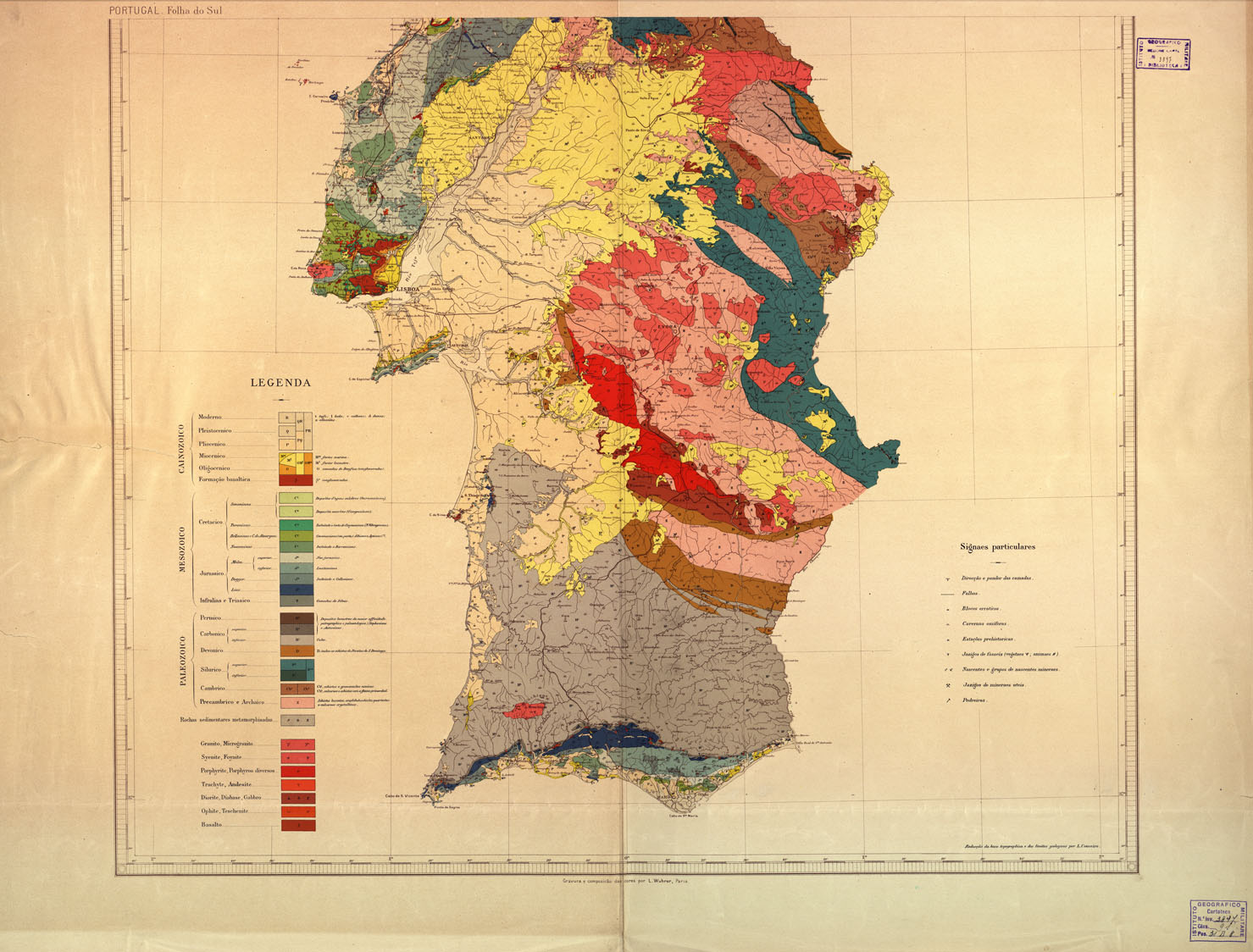 (N:17592) CARTA GEOLOGICA DE PORTUGAL POR J.F.N. DELGADO E PAUL CHOFFAT FOLHA DO SUL. (B0014427) Carte e stampe antiche: riproduzione a colori su carta (formato A1)