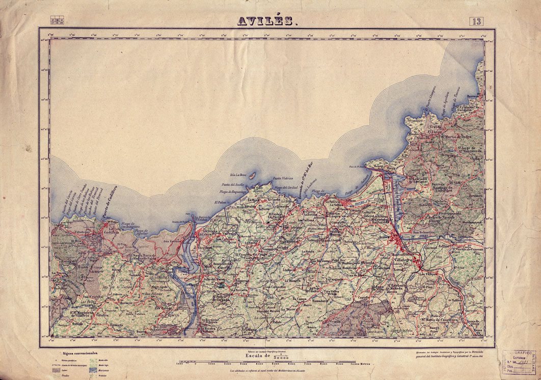 (N:18033) MAPA TOPOGRAFICO DE ESPANA - Avils - Foglio 13 (B0014539) Carte e stampe antiche: riproduzione a colori su carta (formato A1)
