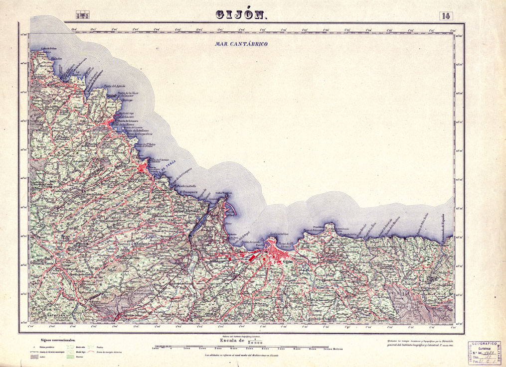 (N:18034) MAPA TOPOGRAFICO DE ESPANA - Gijon - Foglio 14 (B0014540) Carte e stampe antiche: riproduzione a colori su carta (formato A1)