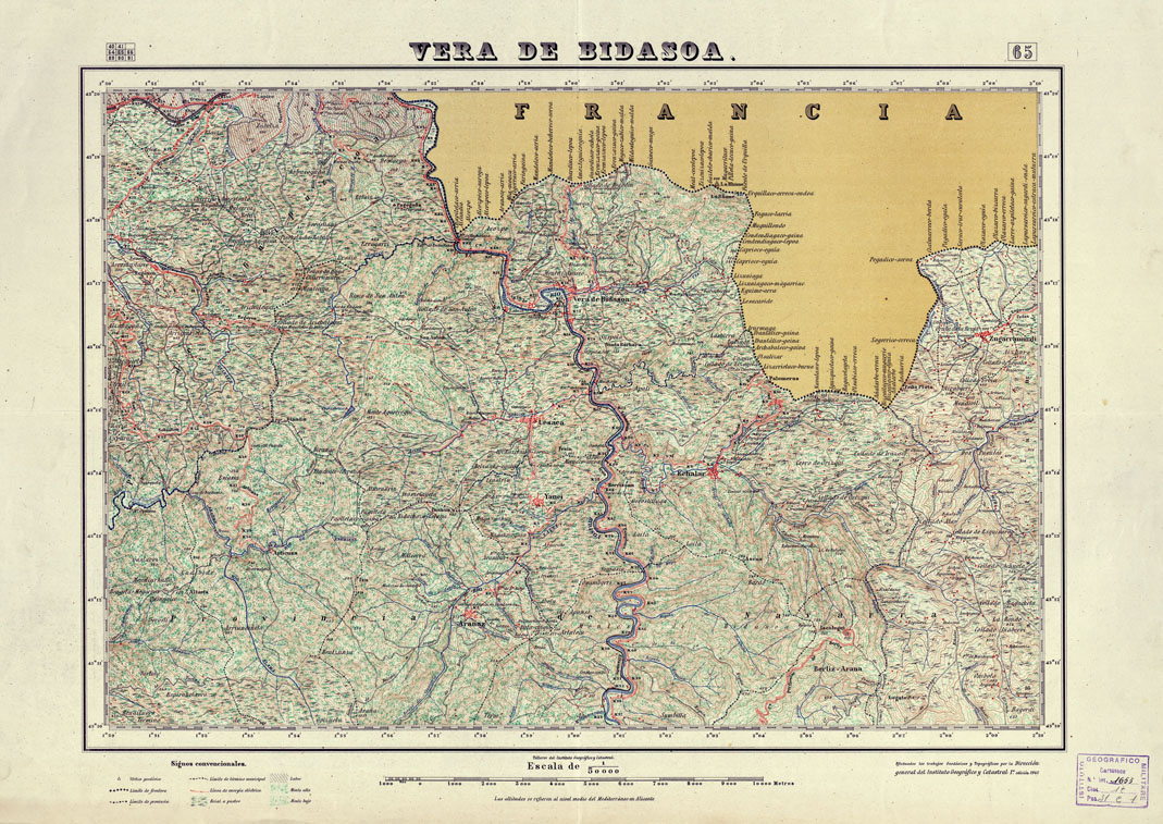 (N:18055) MAPA TOPOGRAFICO DE ESPANA - Vera de Bidasoa - Foglio 65 (B0014558) Carte e stampe antiche: riproduzione a colori su carta (formato A1)