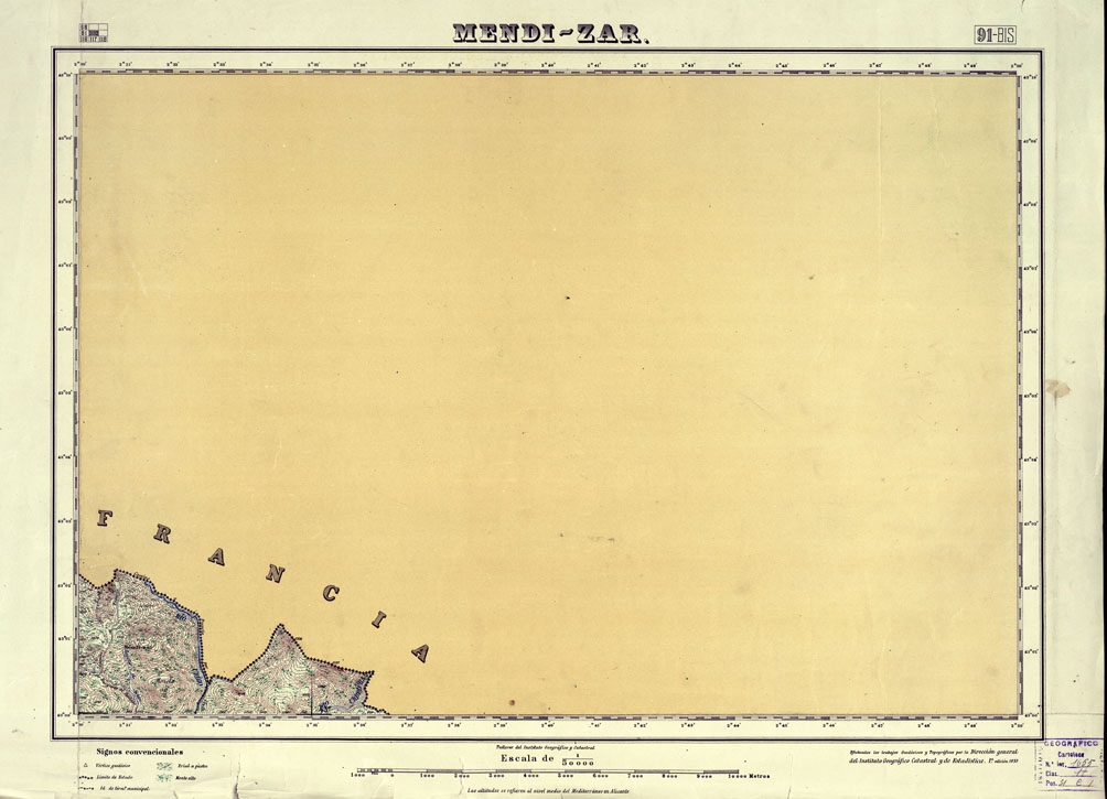 (N:18075) MAPA TOPOGRAFICO DE ESPANA - Mendi-Zar - Foglio 91 Bis (B0014567) Carte e stampe antiche: riproduzione a colori su carta (formato A1)