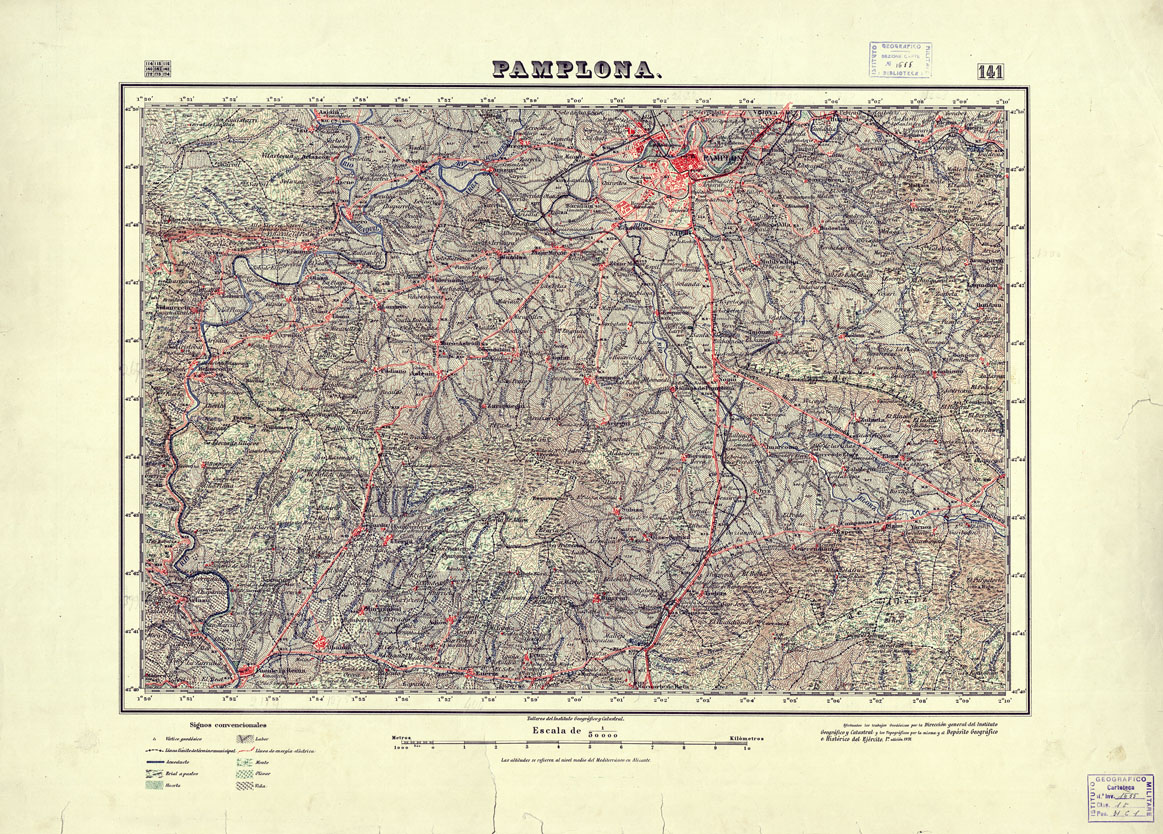 (N:18138) MAPA TOPOGRAFICO DE ESPANA - Pamplona - Foglio 141 (B0014597) Carte e stampe antiche: riproduzione a colori su carta (formato A1)