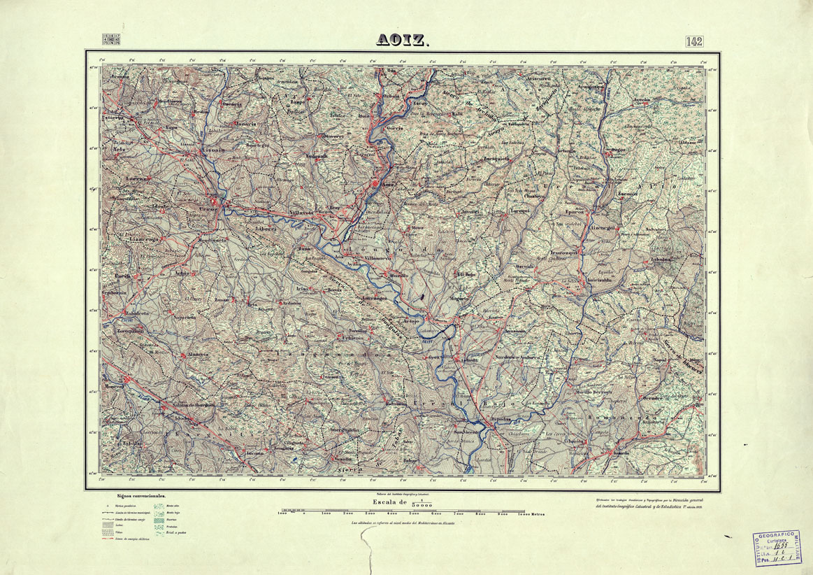 (N:18139) MAPA TOPOGRAFICO DE ESPANA - Aoiz - Foglio 142 (B0014598) Carte e stampe antiche: riproduzione a colori su carta (formato A1)