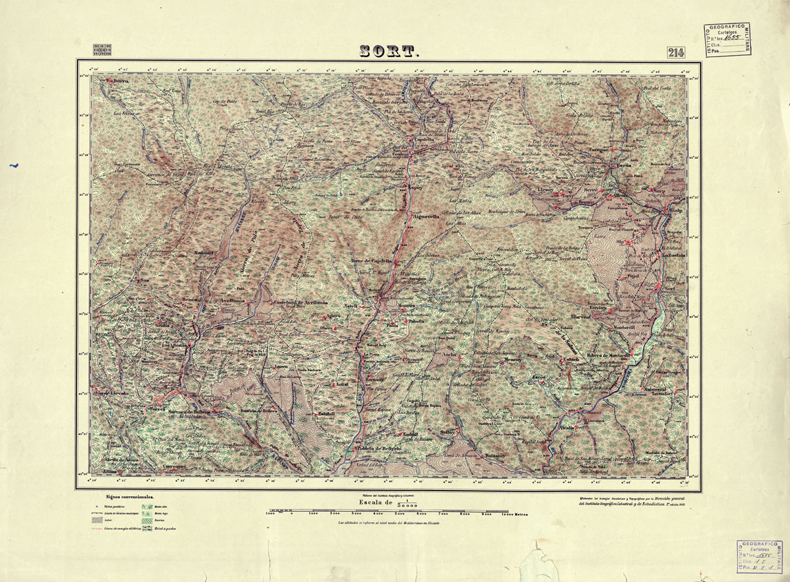(N:18182) MAPA TOPOGRAFICO DE ESPANA - Sort - Foglio 214 (B0014659) Carte e stampe antiche: riproduzione a colori su carta (formato A1)