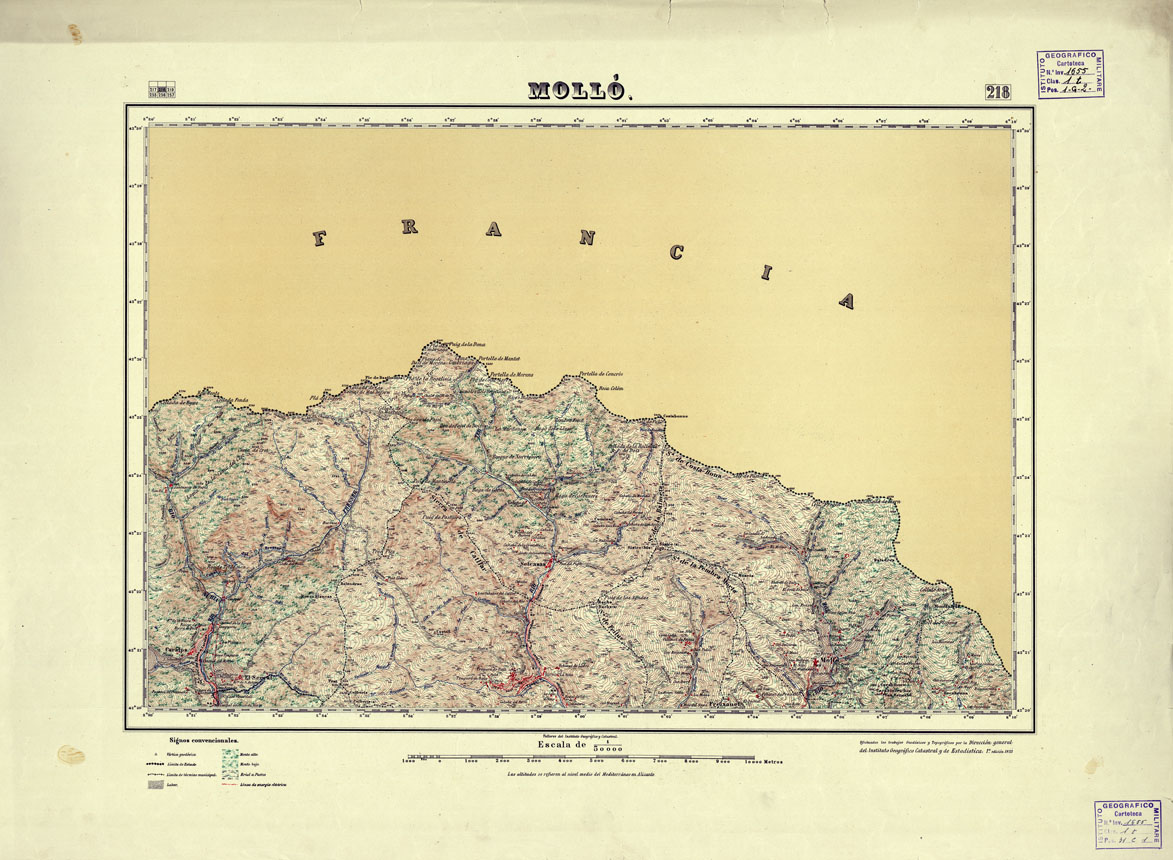 (N:18186) MAPA TOPOGRAFICO DE ESPANA - Mollo' - Foglio 218 (B0014663) Carte e stampe antiche: riproduzione a colori su carta (formato A1)