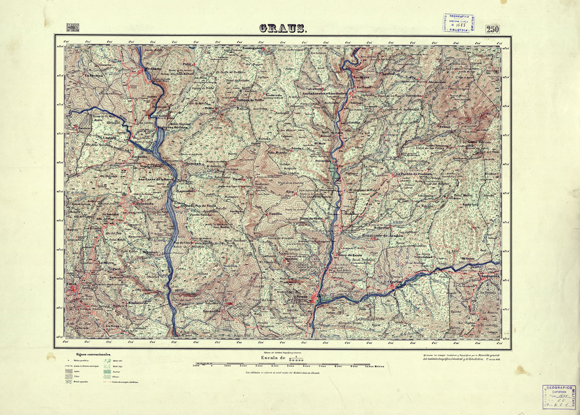 (N:18240) MAPA TOPOGRAFICO DE ESPANA - Graus - Foglio 250 (B0014686) Carte e stampe antiche: riproduzione a colori su carta (formato A1)