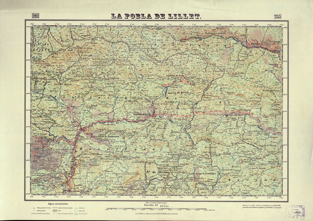 (N:18245) MAPA TOPOGRAFICO DE ESPANA - La Pobla de Lillet - Foglio 255 (B0014691) Carte e stampe antiche: riproduzione a colori su carta (formato A1)