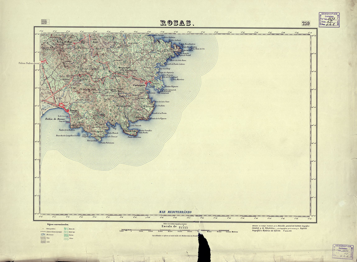 (N:18248) MAPA TOPOGRAFICO DE ESPANA - Rosas - Foglio 259 (B0014694) Carte e stampe antiche: riproduzione a colori su carta (formato A1)