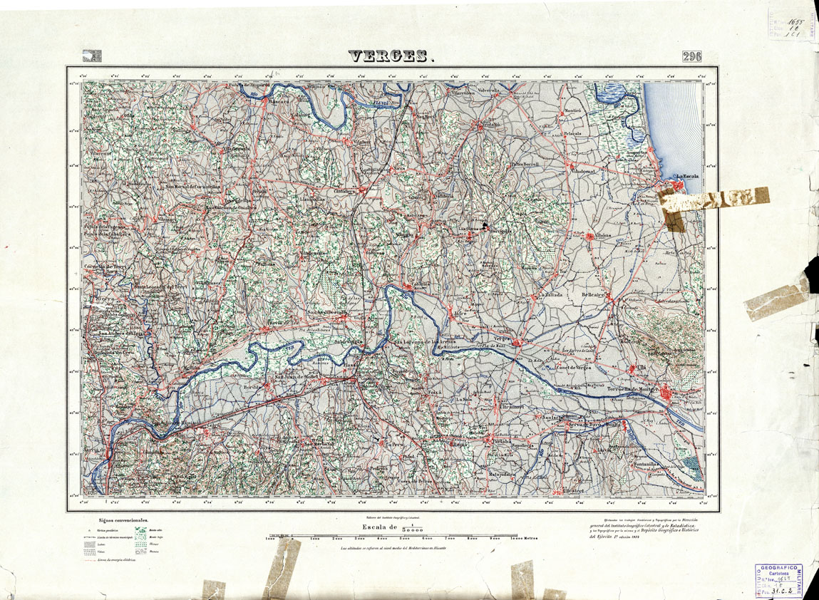 (N:18276) MAPA TOPOGRAFICO DE ESPANA - Verges - Foglio 296 (B0014722) Carte e stampe antiche: riproduzione a colori su carta (formato A1)