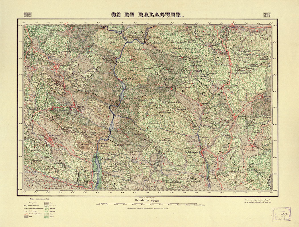 (N:18304) MAPA TOPOGRAFICO DE ESPANA - Os de Balaguer - Foglio 327 (B0014750) Carte e stampe antiche: riproduzione a colori su carta (formato A1)