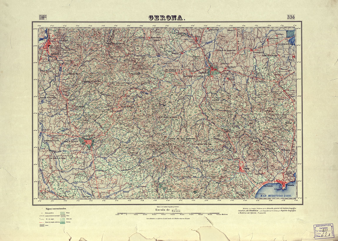 (N:18312) MAPA TOPOGRAFICO DE ESPANA - Gerona - Foglio 334 (B0014758) Carte e stampe antiche: riproduzione a colori su carta (formato A1)