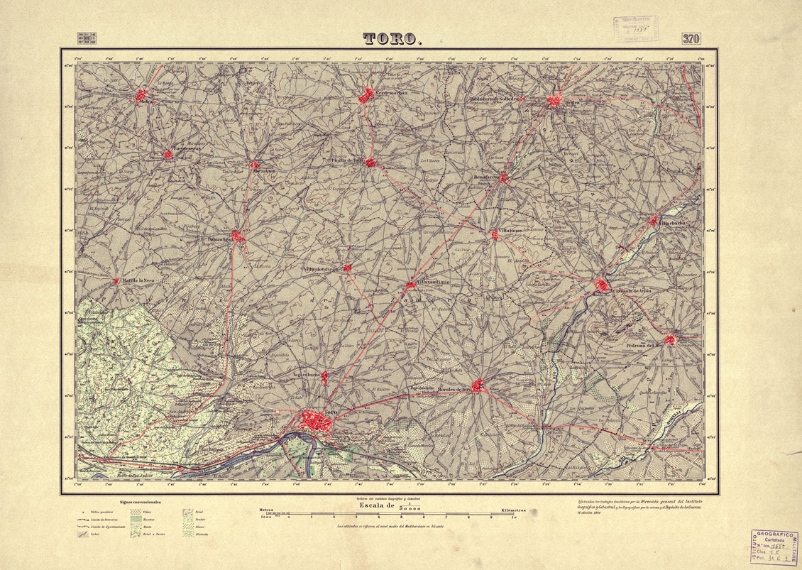 (N:18342) MAPA TOPOGRAFICO DE ESPANA - Toro - Foglio 370 (B0014788) Carte e stampe antiche: riproduzione a colori su carta (formato A1)