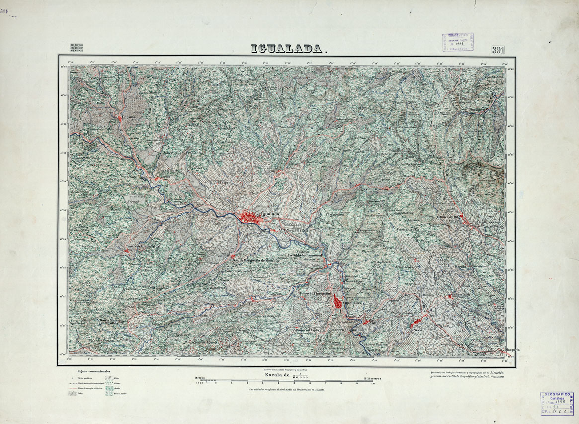(N:18362) MAPA TOPOGRAFICO DE ESPANA - Igualada - Foglio 391 (B0014809) Carte e stampe antiche: riproduzione a colori su carta (formato A1)