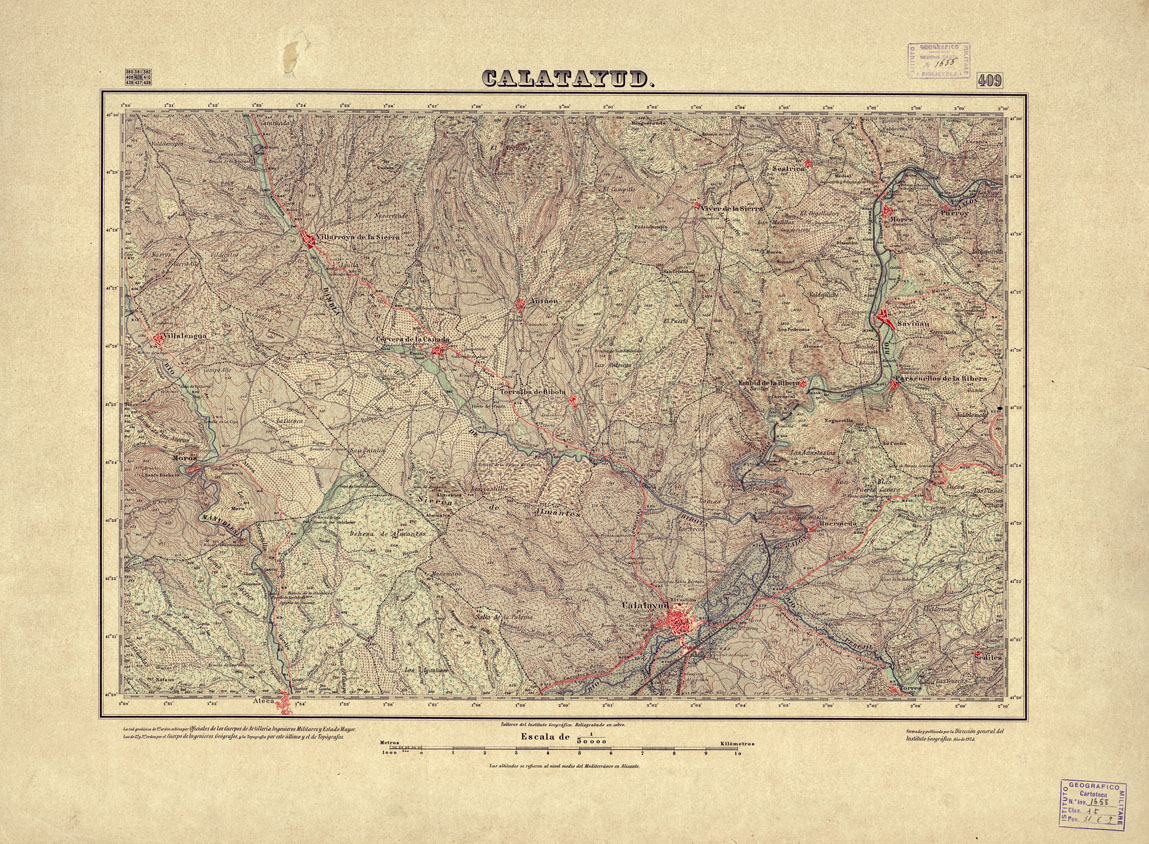 (N:18377) MAPA TOPOGRAFICO DE ESPANA - Calatayud - Foglio 409 (B0014824) Carte e stampe antiche: riproduzione a colori su carta (formato A1)