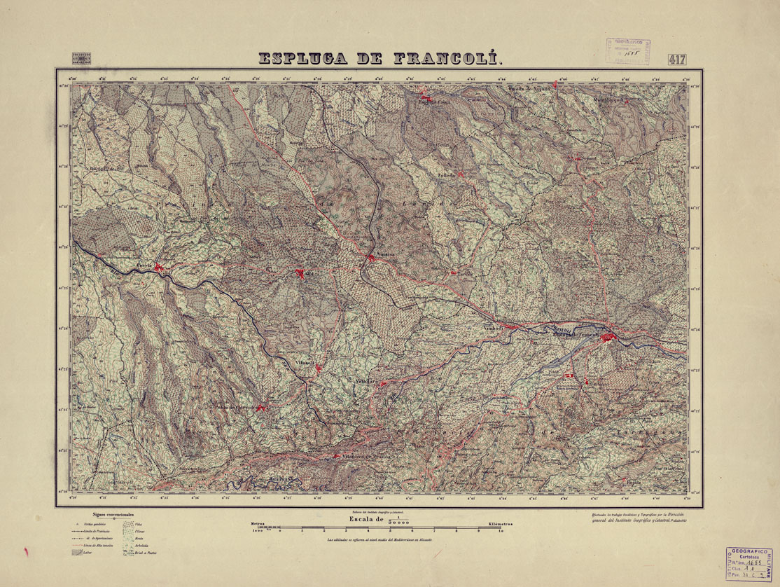 (N:18384) MAPA TOPOGRAFICO DE ESPANA - Espluga de Francoli - Foglio 417 (B0014831) Carte e stampe antiche: riproduzione a colori su carta (formato A1)
