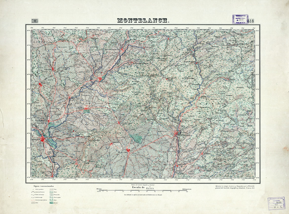 (N:18385) MAPA TOPOGRAFICO DE ESPANA - Montblanch - Foglio 418 (B0014832) Carte e stampe antiche: riproduzione a colori su carta (formato A1)