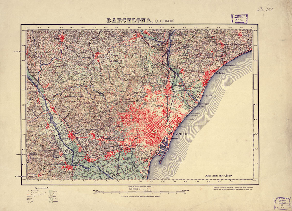 (N:18388) MAPA TOPOGRAFICO DE ESPANA - Barcelona - Ciudad - Foglio 420/421 (B0014835) Carte e stampe antiche: riproduzione a colori su carta (formato A1)