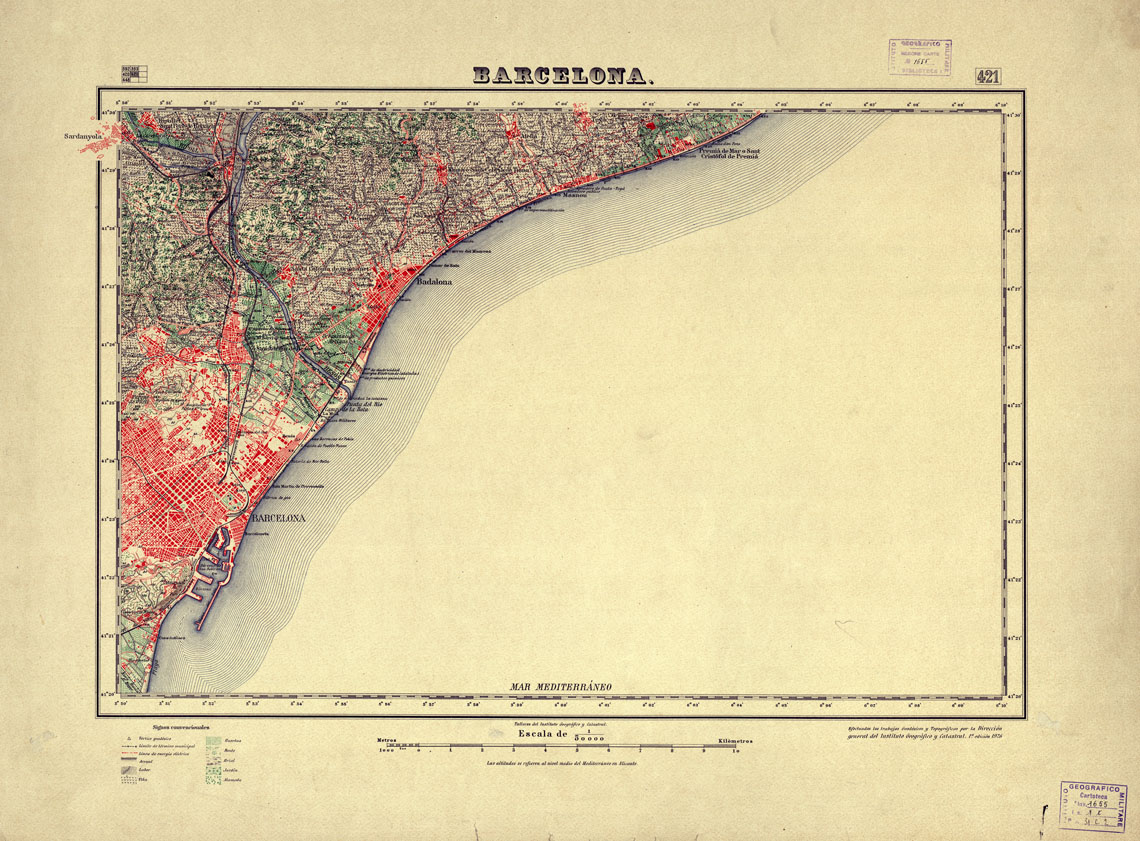 (N:18389) MAPA TOPOGRAFICO DE ESPANA - Barcelona - Foglio 421 (B0014836) Carte e stampe antiche: riproduzione a colori su carta (formato A1)