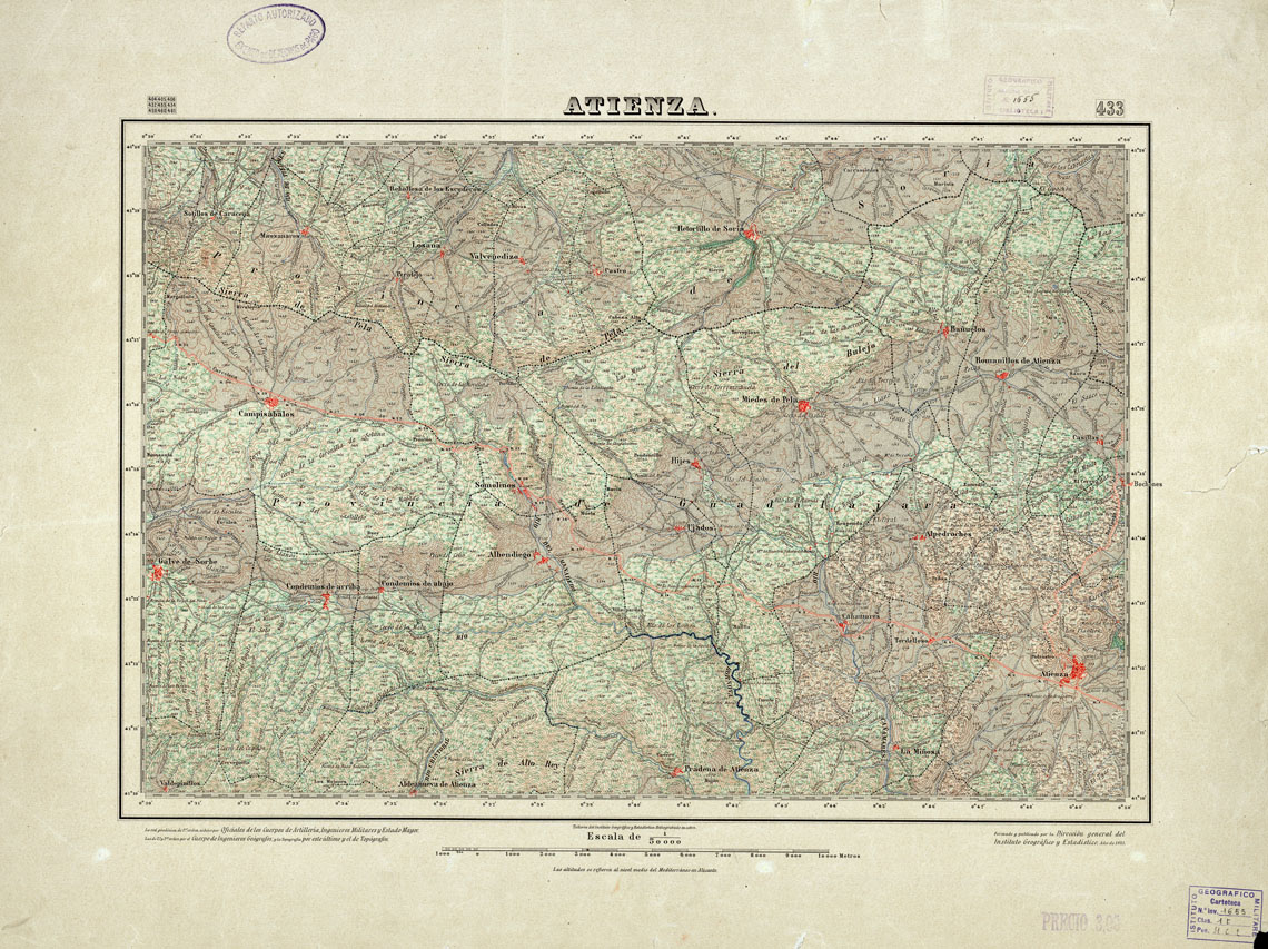 (N:18394) MAPA TOPOGRAFICO DE ESPANA - Atienza - Foglio 433 (B0014841) Carte e stampe antiche: riproduzione a colori su carta (formato A1)